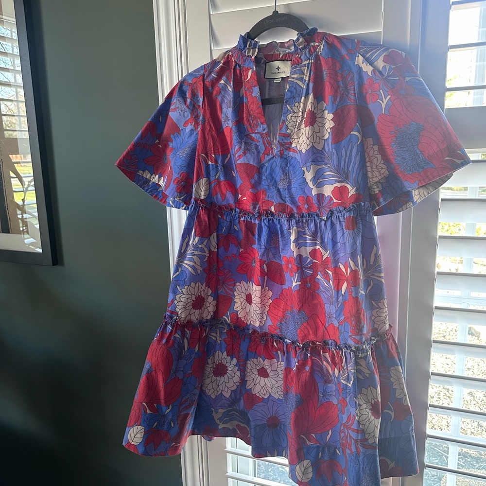Tuckernuck Blue, Red and Tan Floral Tiered Dress